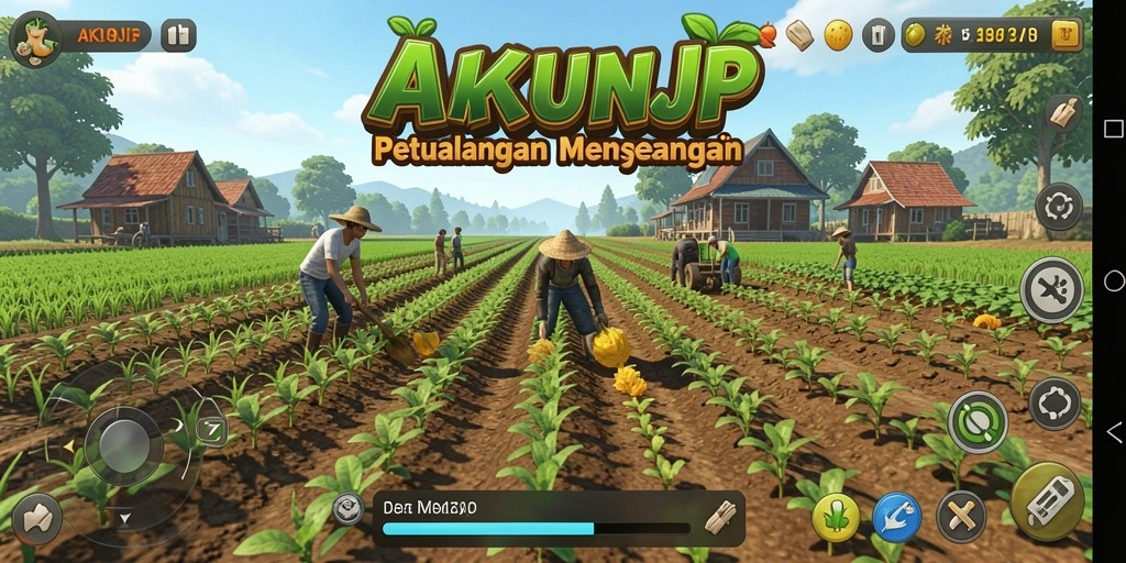 Tampilan gameplay <strong>AKUNJP</strong> menunjukkan suasana pertanian yang ceria dan berwarna.