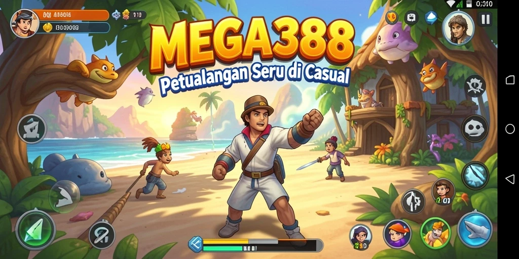 Screenshot MEGA388 menunjukkan gameplay seru dengan karakter yang dinamis.