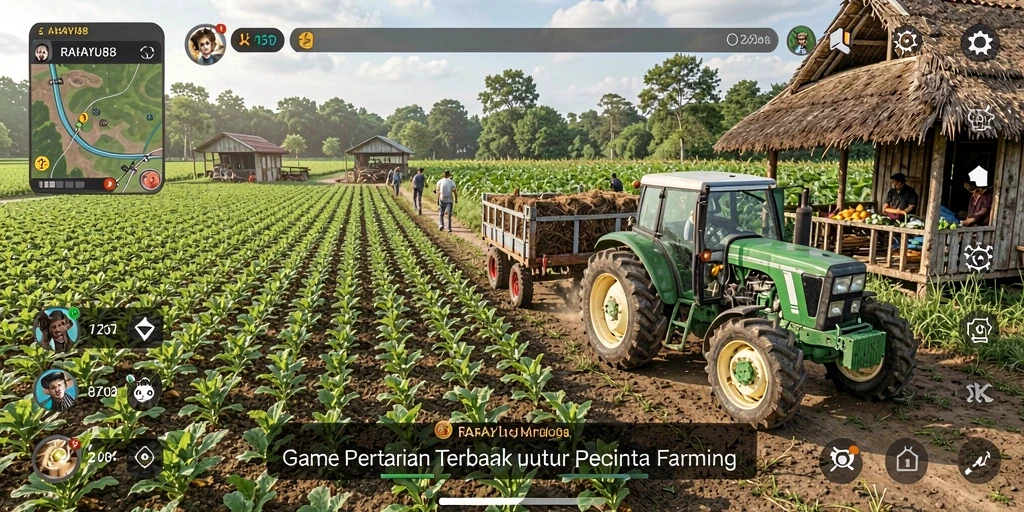 Tampilan gameplay RAHAYU88 dengan ladang dan hewan ternak.